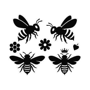 Royal queen bee and worker bee silhouettes with floral and honeycomb elements