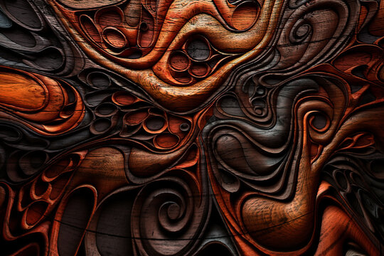  Fondo abstracto de textura tallada en madera con remolinos org&aacute;nicos de color naranja. Textura de madera c&aacute;lida y con remolinos con curvas org&aacute;nicas. Representa creatividad, artesan&iacute;a y complejidad.