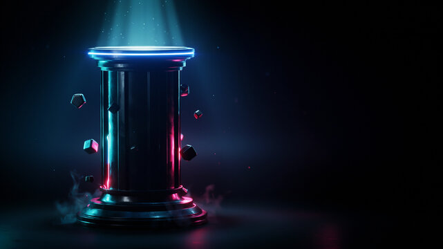 Glowing Blue and Red Liquid Bubbles in Dark Glass Container with Dramatic Lighting