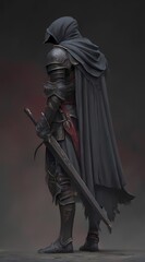 Obraz premium Knight stands in dark armor with long sword.