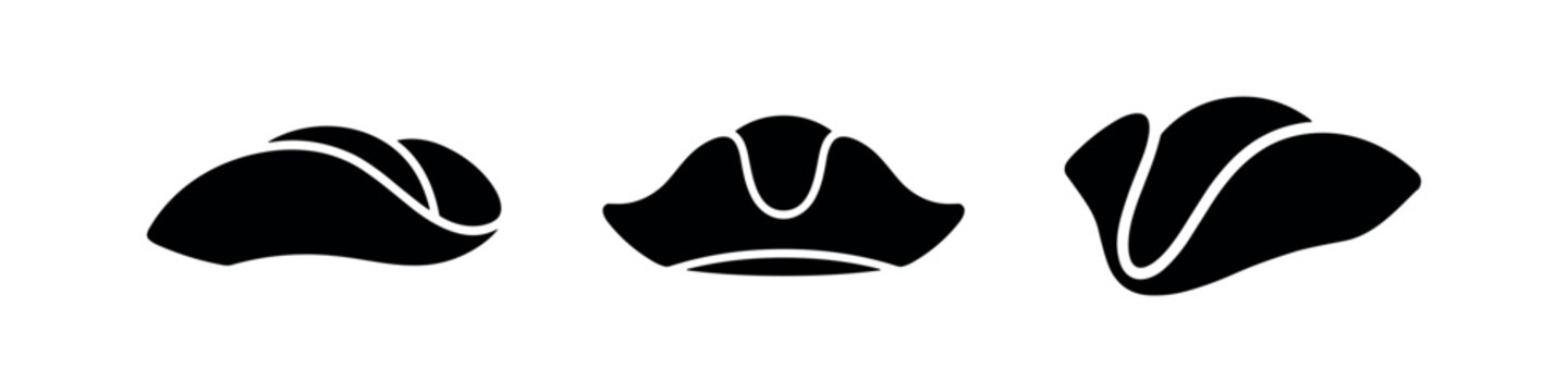 Pirate hat icons set. Swashbuckler, buccaneer or captain's hat symbols in different angles.