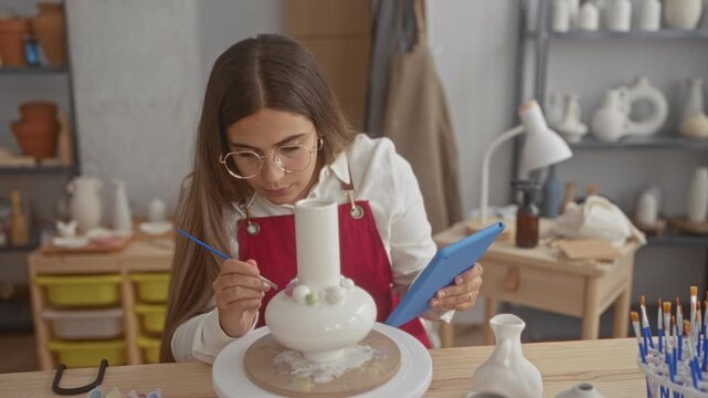 Young hispanic woman paints a ceramic vase with brush, hand visible and holding a tablet in a pottery studio; handmade craft focus.