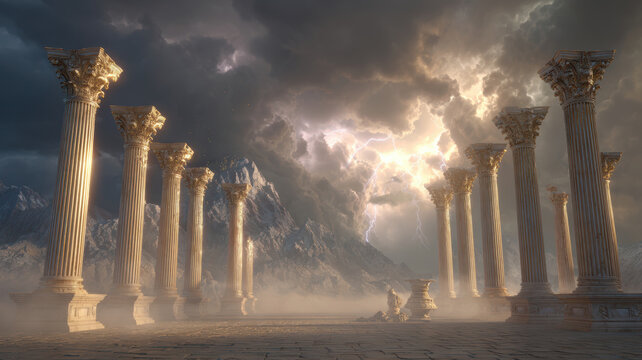 Fantasy wallpaper. A vivid portrayal of ancient Greek or Roman architecture, featuring a series of tall, slender columns with intricate carvings and a central pediment.