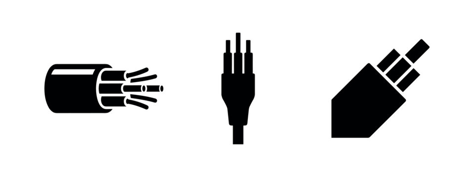 Set of optical fiber cable icons in various styles, vector illustration of internet and telecommunication.