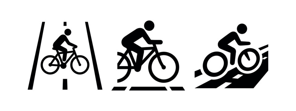 Set of bicycle rider icons in various styles, vector illustration of cycling and bike lane.