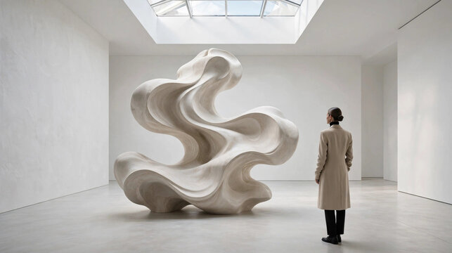 Escultura abstrata fluida em galeria branca com visitante elegante admirando
