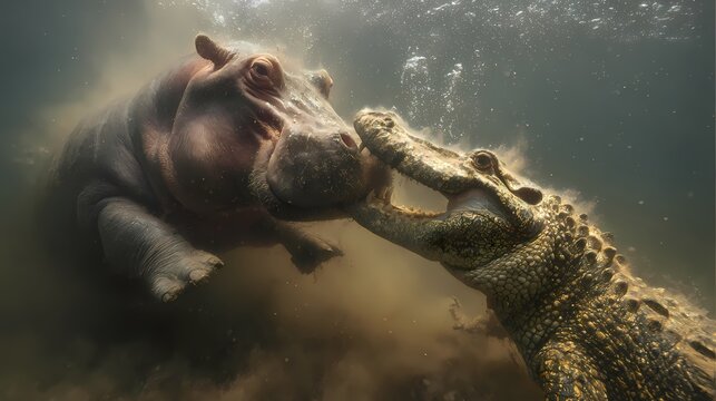 Hippopotamus faces a crocodile underwater.