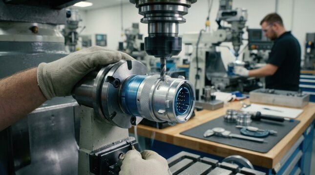 Medium shot of precision machining a highreliability aerospace circular connector with bayonet coupling showcasing intricate metalwork and craftsmanship.