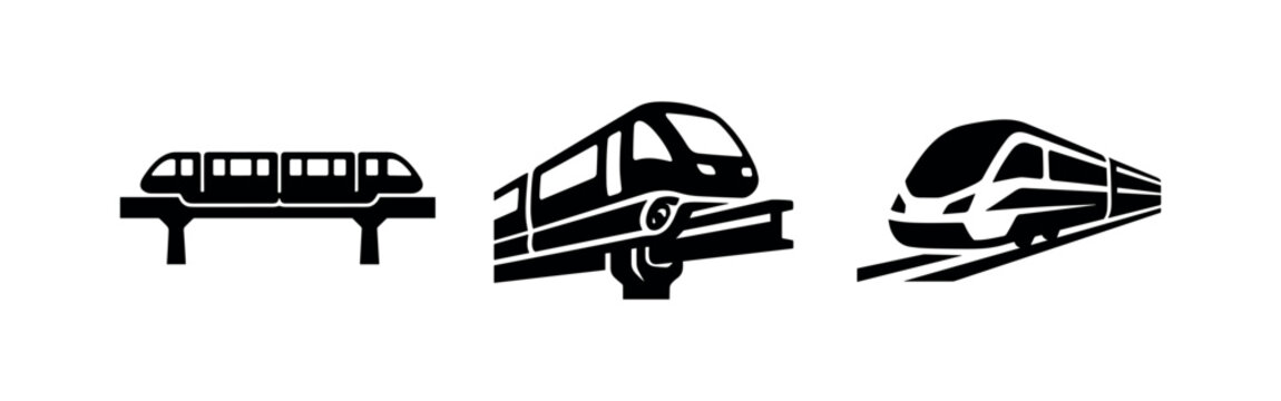 Train and Monorail Vector Icon Set. Public Transportation Silhouettes. Modern Commuter Rail Systems.