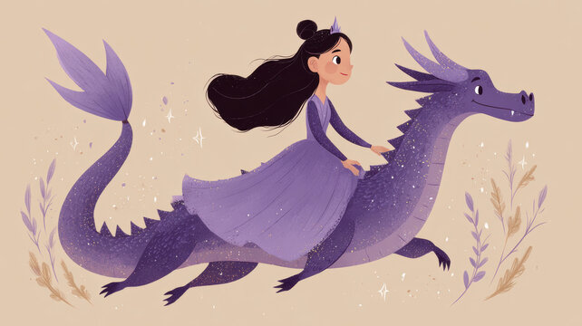 Fantasy wallpaper. A whimsical illustration depicts a young girl with long, flowing black hair, wearing a purple dress and a tiara, riding on the back of a purple dragon.