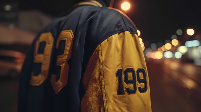 Varsity jacket displays large vintage numbers.