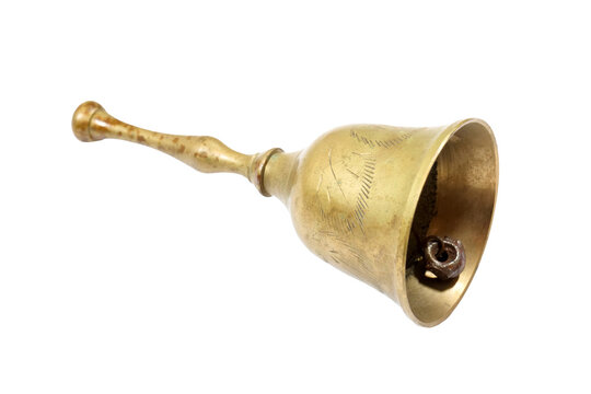 Vintage brass hand bell isolated on white background, cut out of old golden service or school bell with handle and clapper, classic announcement, attention, ceremony sound notification concept