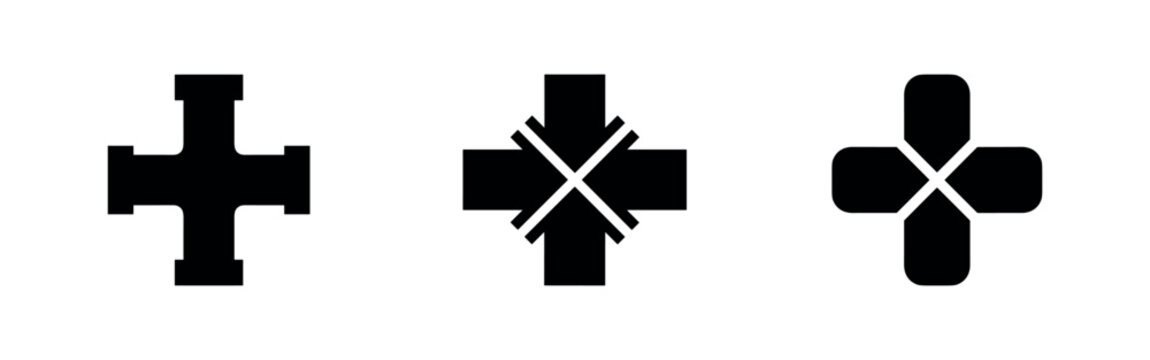 Set of cross and plus sign icons. Medical, mathematical, and directional symbols.