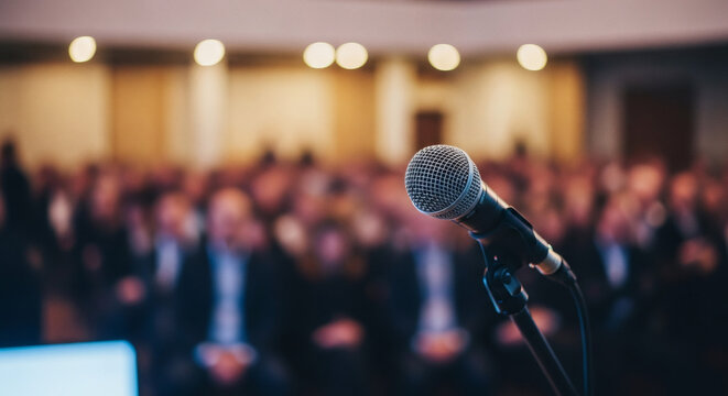 Microphone standing on a stage in front of a blurred audience during a professional business conference or seminar event