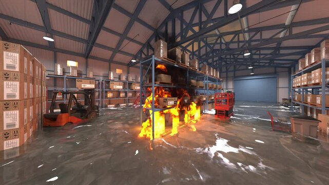 浸水した倉庫　3DCGレンダリング