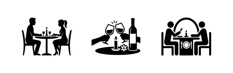 Fototapeta premium Romantic Dinner and Date Night Icons Set. Couple Dining and Celebration Symbols.