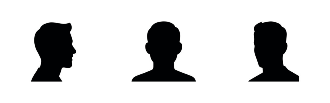 Male Head and Face Silhouettes Icons Set. Man Profile and Front View Avatars.