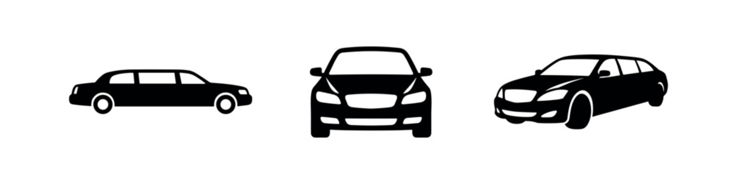 Set of Car Vehicle Silhouettes. Front, side, and three-quarter views of generic automobiles as icons.