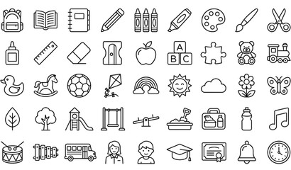 Naklejka premium Modern Kindergarten Line Icon Set – 45 Preschool Education Editable Stroke Outline Icons