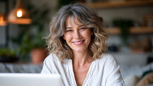 Confident mature woman in her fifties using AI tools in a modern home office with natural smile in soft daylight Generative AI