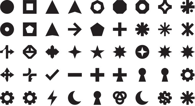 Comprehensive collection of black silhouette geometric shapes, symbols, and UI icons for graphic design and interface