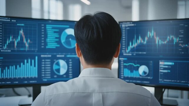 20代後半の男性が左右のモニターに並ぶ青いダッシュボードを確認し売上分析を進める