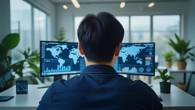 明るいオフィスで30代前半の男性が大型デュアルモニターの経営指標と世界地図を分析する