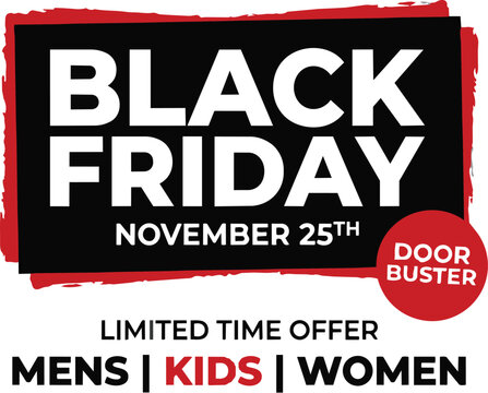 Black Friday sale advertisement banner with bold typography and door buster text for mens, kids, and women fashion