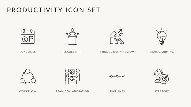 Minimalist productivity icon set featuring eight business and teamwork concepts in flat line style . Vector Flat Illustration.