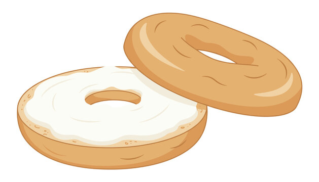 Half bagel spread with thick layer of cream cheese with whole bagel resting on top isolated on white background.