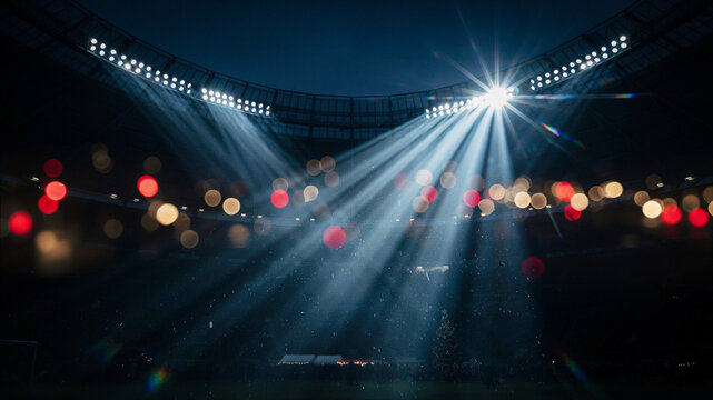 Dramatic stadium floodlights with bright light beams, professional sports arena at night, cinematic bokeh background with red and gold flares