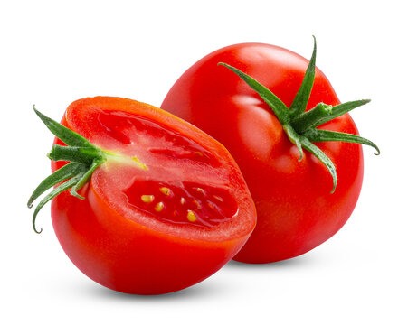 Tomatoes, isolated vegetables. One whole tomato and cut in half, clipping path. Real retouched photo.