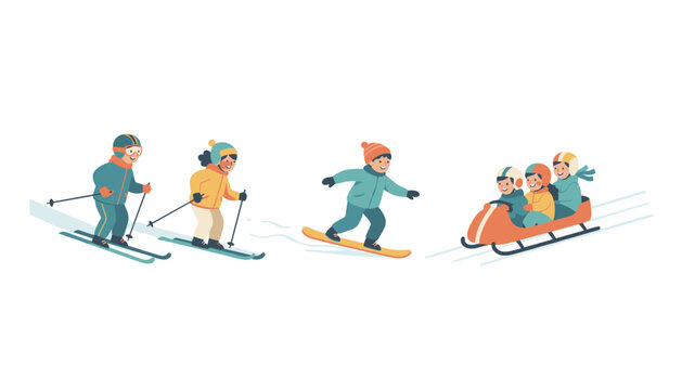 Young children enjoying outdoor winter sports including skiing, snowboarding, and bobsledding on a snowy slope illustration.