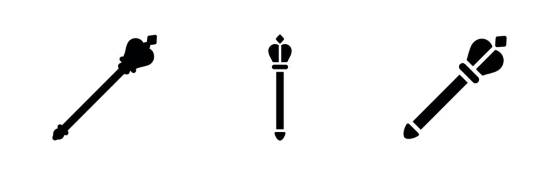 Royal scepter and mace icons set, symbolizing authority, power, and sovereignty in monarchies.