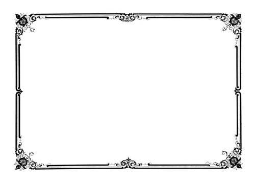 Vintage ornate rectangular decorative frame, intricate flourish details, classic victorian style. Isolated overlay on transparent background PNG