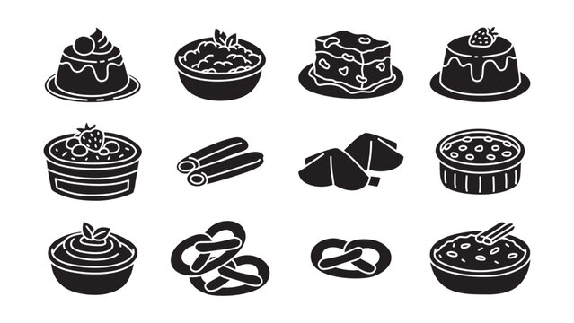 Confectionery desserts and bakery treats solid icons set for cafes and pastry. Flan, Tapioca, Bread pudding, Strawberry panna cotta, Trifle, Ladyfinger, Fortune cake, Brulee, Custard, Pretzels