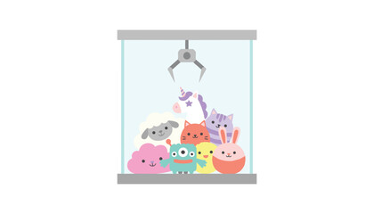 Fototapeta premium Arcade claw machine filled with assorted cute plush toys including a unicorn and animals waiting to be picked.