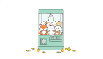 Fototapeta premium Green arcade claw machine filled with stuffed animal toys with gold coins scattered on the floor in front of it.