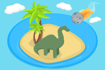 3D Isometric Flat Vector Illustration of Cretaceous-Tertiary Extinction, Meteorite Dinosaur World Asteroid Idea. © TarikVision