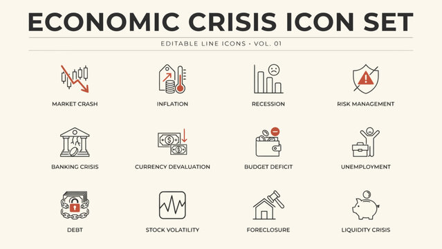 Economic crisis icons set showing financial problems and market issues . Vector illustration.