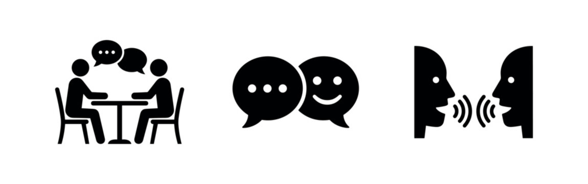 Communication and conversation icon set. Speech bubbles, chat, and talking vector illustration on white background.