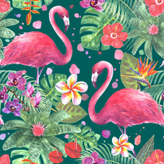 Seamless Watercolor Tropical Flamingo Pattern on Dark Emerald Background © Olga