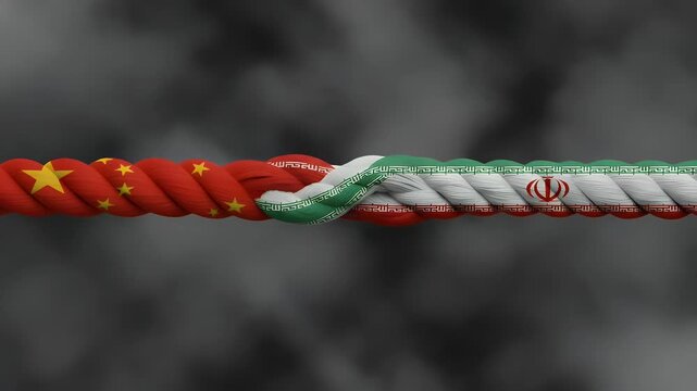Two ropes textured with the national flags of China and Iran tied together in a tight knot representing a strong diplomatic alliance and political partnership