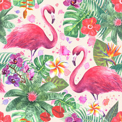 Seamless Watercolor Tropical Flamingo Pattern with Exotic Flowers and Palm Leaves © Olga