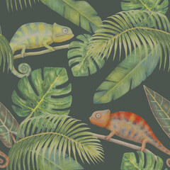 Seamless Watercolor Chameleon Pattern with Tropical Palm Leaves © Olga