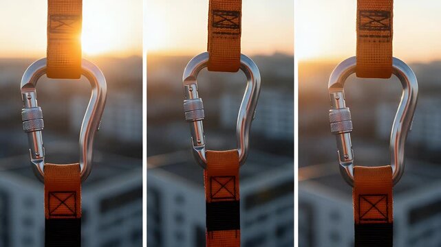Silver metal carabiner clip attached to strong orange nylon webbing straps used for industrial safety during high altitude work tasks against a soft blurred city background
