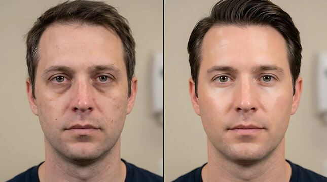 Side-by-side comparison showing dramatic facial transformation highlighting skincare and grooming improvements for a more