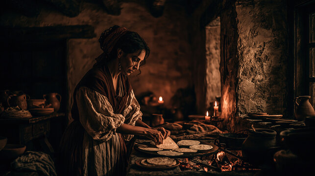 Europe medieval lifestyle. A moody, atmospheric portrayal of a woman in a rustic kitchen. The setting is dimly lit, with a warm glow emanating from a window on the right. She wears a long.