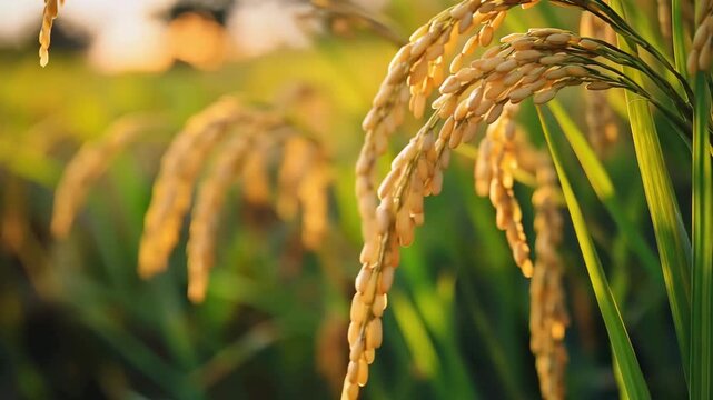 Golden Rice Field at Sunrise Featuring Ripe Paddy Crops and Sustainable Agriculture