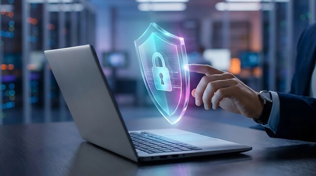 Hand touching a 3D digital shield and padlock hologram emerging from a laptop conceptualizing endpoint security, antivirus software, and safe internet browsing.
